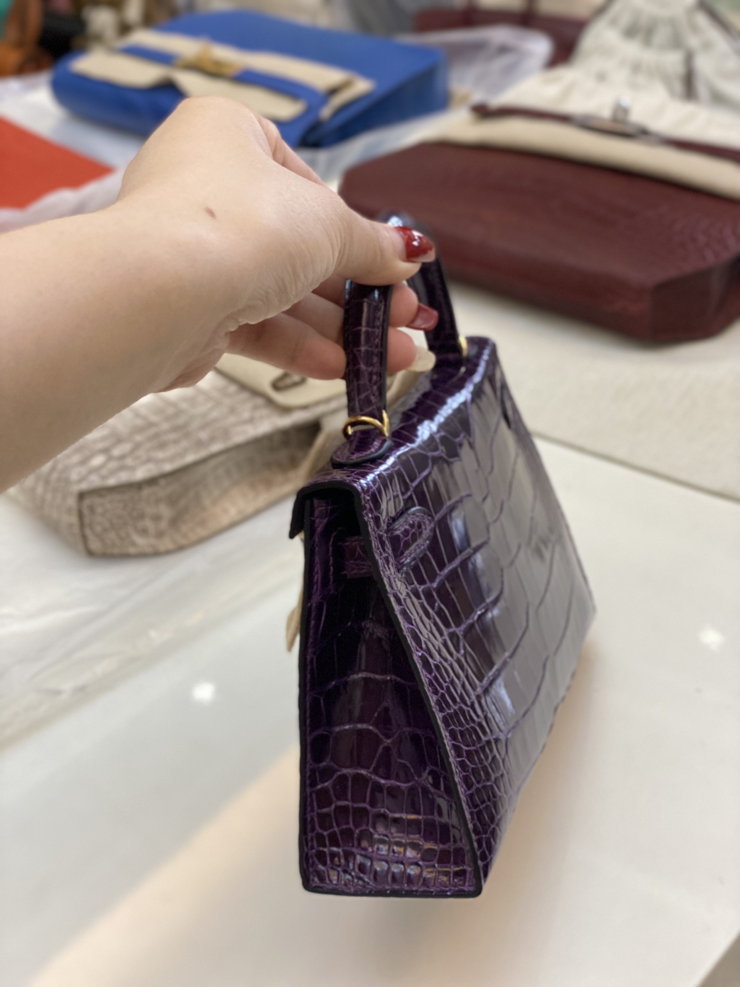 Hermes Kelly Mini II Bag 19CM In Dark Purple Shiny Alligator Leather